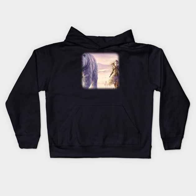 Girl in a snowy area next to a polar bear Kids Hoodie by Perryfranken